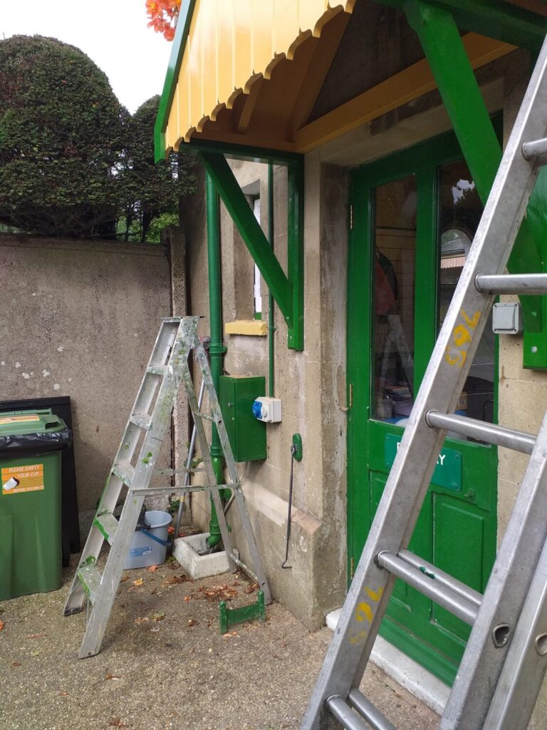 Ropley shop porch canopy being erected