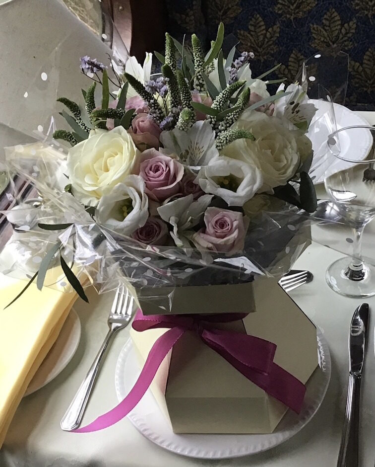 Bouquet of white, pink & yellow roses (in water)